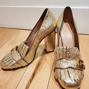 Gucci Marmont Gold Fringe Block Heel